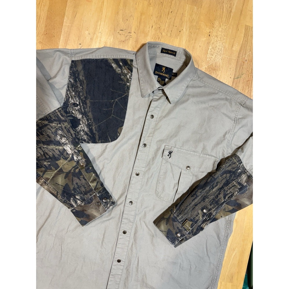 Browning Super Naturals Shooting Shirt Mens XL Khaki Camo Long Sleeve Snap Front